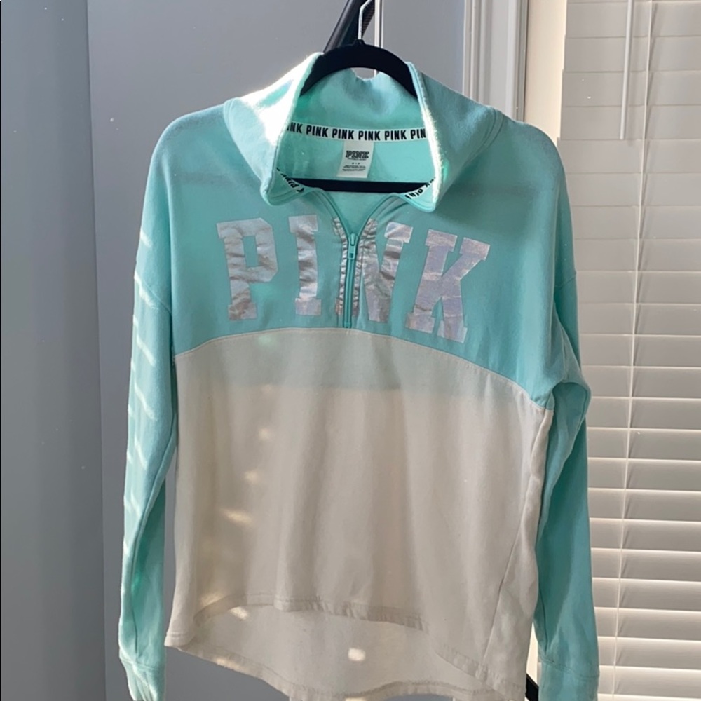 PINK quarter zip pullover with shiny letters